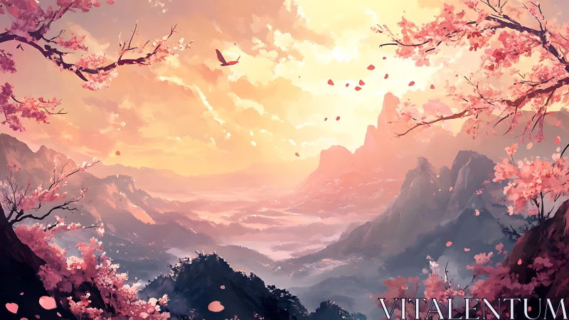 Gentle sunrise over cherry blossom mountainscape panorama.