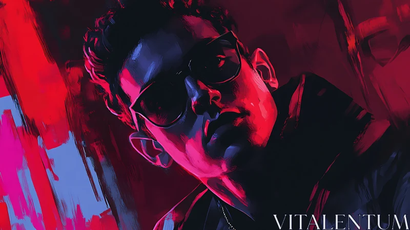 Male figure in sunglasses under red and blue lighting.