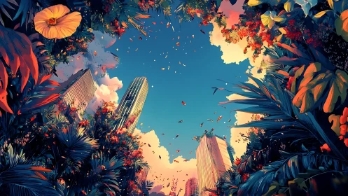 City towers cradled by lush jungle skyward bloom.