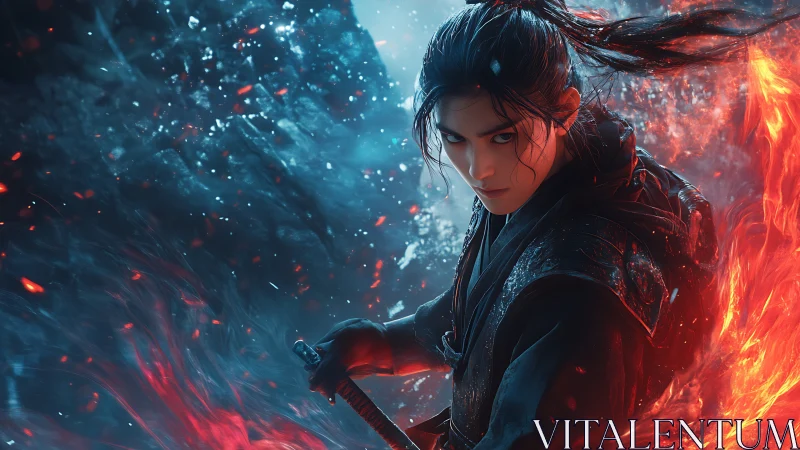 Fierce young warrior poised between swirling fire and ice.