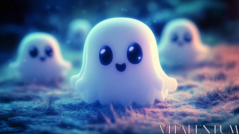 Glowing chibi ghosts in bioluminescent meadow lighting study.