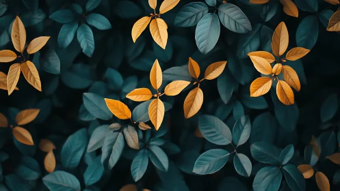 Golden leaves contrast sharply against teal green foliage