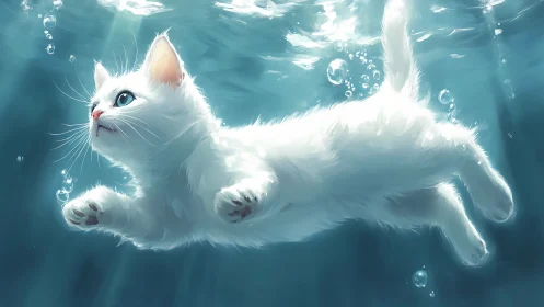 White Cat Swimming Underwater in Turquoise Water.