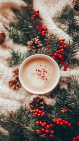 Cup of coffee on knitted fabric with pine branches and berries.