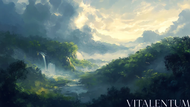Misty valley landscape with waterfall and forest canopy.