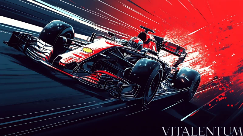 Red-hot race car slicing through neon speed and sparks.