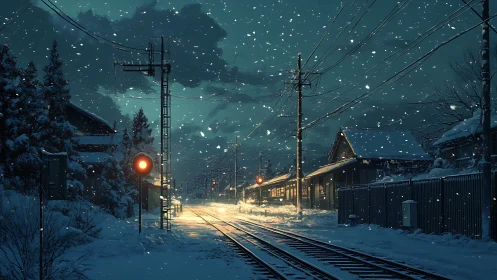 Snowbound rural railway at dusk with glowing signal lights.