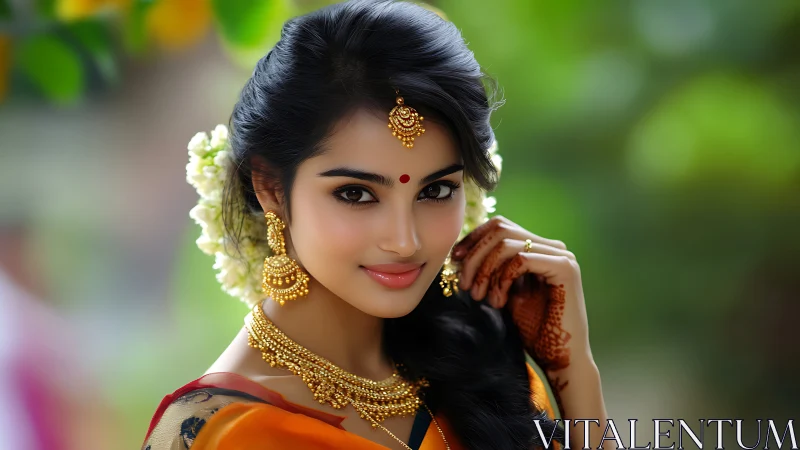 Digital portrait of bride in traditional South Indian adornment.