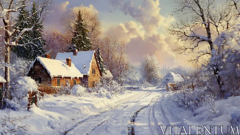Snow covered rural cottages along curved winter road.