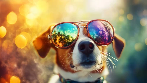 Cool pup in rainbow sunglasses enjoys a glowing sunny day