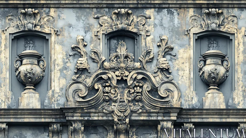 Weathered baroque façade relief with urns and floral scrollwork