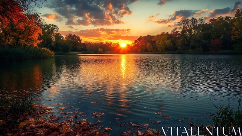 Calm autumn lake at sunset with trees and soft reflections.