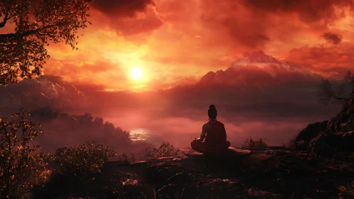 Solitary monk observing incandescent mountain sunrise.