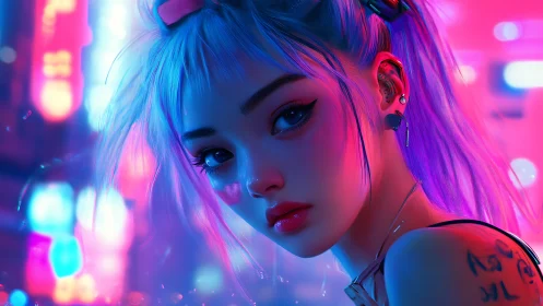 Neon-lit cyberpunk portrait of blue-haired girl in bokeh flux.