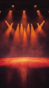 Warm spotlight glow on an empty wooden stage at night.