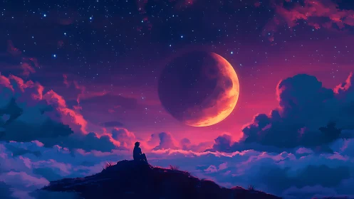 Solitary figure observing a luminous crescent moon over clouds