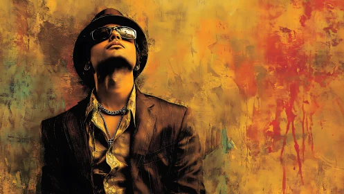 Stylish man in hat against abstract orange grunge wall.