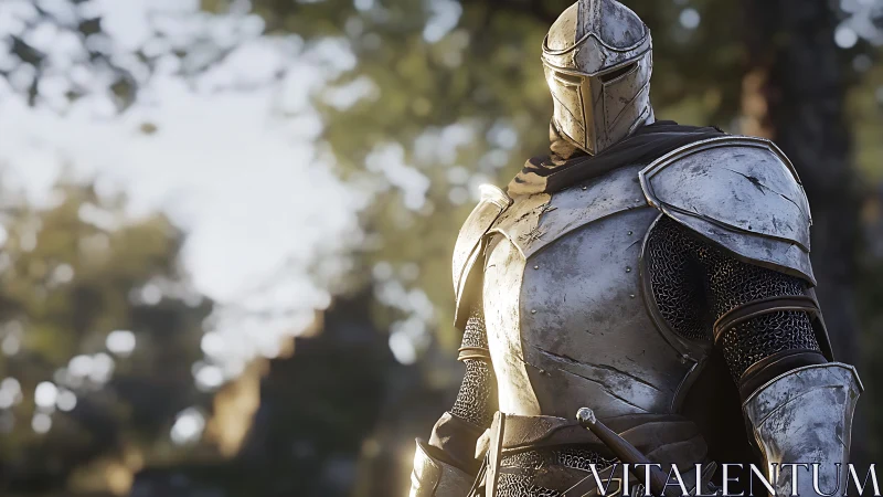 Armored medieval figure in reflective plate armor outdoors.