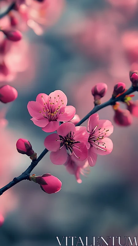Pink Blossom Branch with Soft Bokeh Blur.