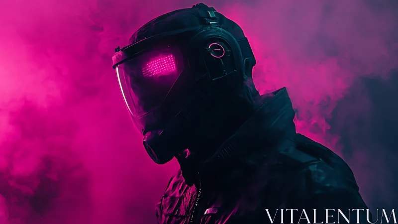 Futuristic helmeted figure in pink neon smoke scene.