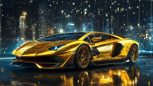 Golden hypercar poised before neon city skyline at night.