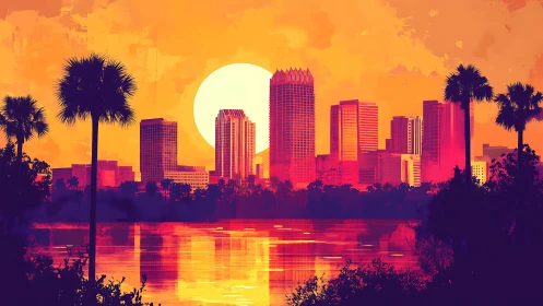 Urban skyline with palm trees at sunset over water reflection.