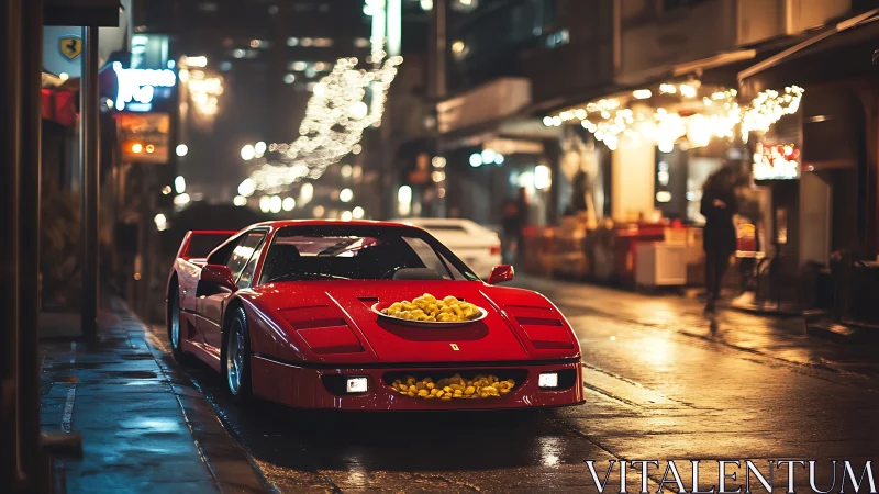 Red sports car on wet city street carrying lemons at night.