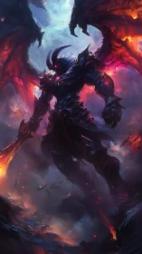 Demonic warlord rising from infernal storm of fire.