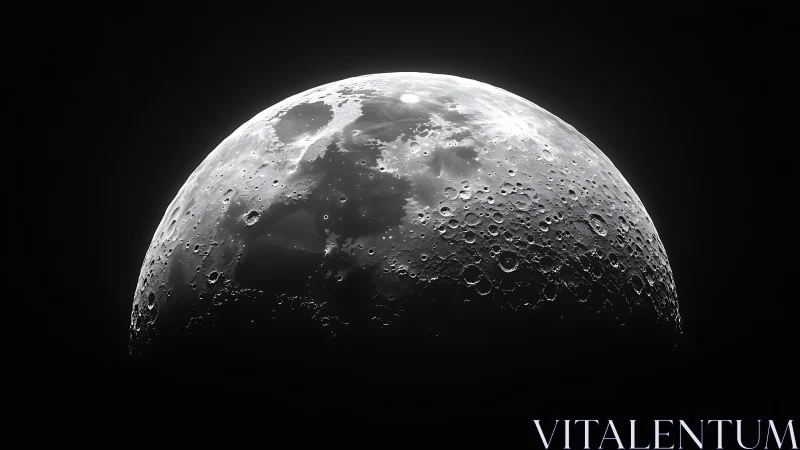 Sharp monochrome close-up of the Moon&rsquo;s cratered surface.