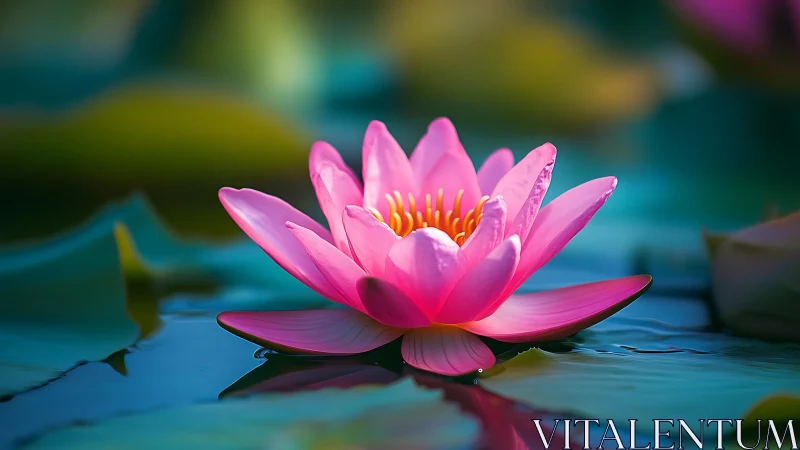 Single pink water lily rests on calm reflective pond surface