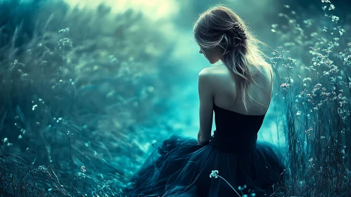 Woman in dark dress seated in soft blue meadow light.