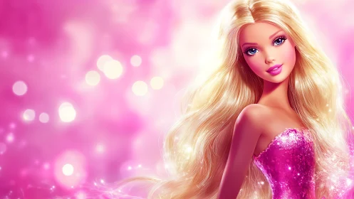 Glamorous blonde doll portrait in radiant pink bokeh glow.