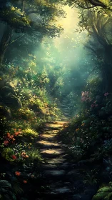 Enchanted forest pathway bathed in luminous atmospheric haze