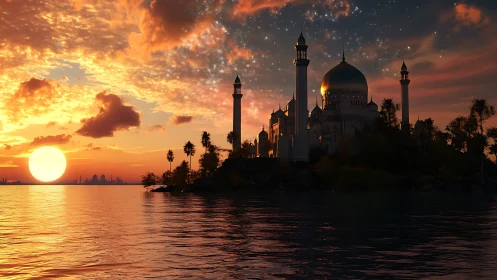 Coastal domed complex stands in silhouette against sunset