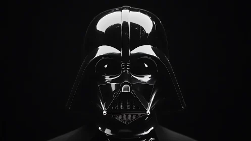 Gleaming black sci-fi helmet stands boldly against darkness