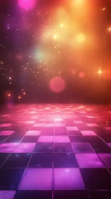 Glowing tiled floor extends beneath multicolored light field