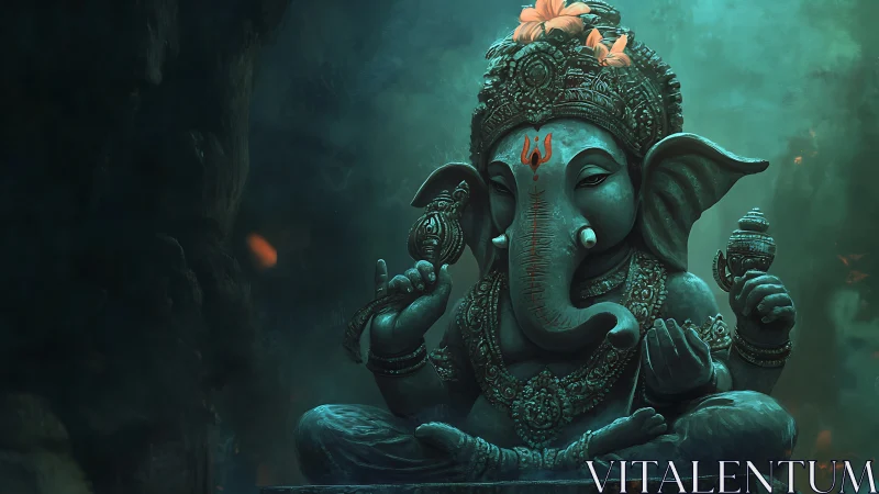 Peaceful elephant deity statue glowing in gentle teal light.