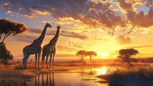 Giraffes standing by an African river at vivid sunset.