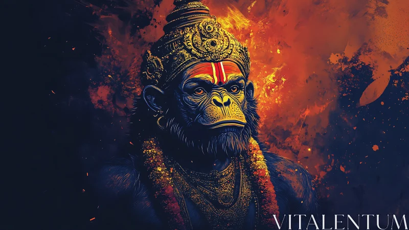 Ember-crowned simian guardian robed in molten divinity.