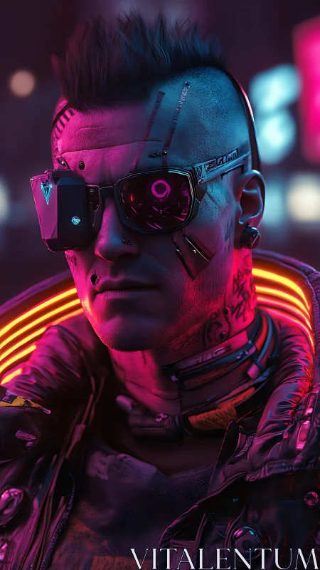 Neon mohawked cyborg drifter bathed in electric midnight glow.