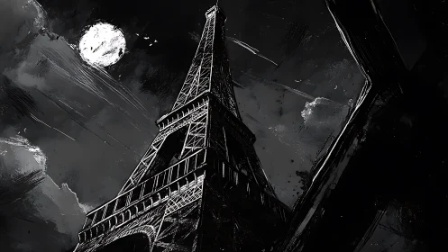 Moonlit Eiffel Tower rising over dramatic Parisian night.