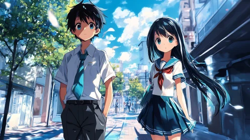 Summer city stroll with two thoughtful anime students.
