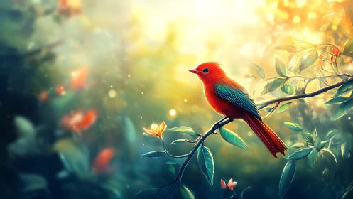 Vibrant red bird on branch in magical forest, digital painting style.