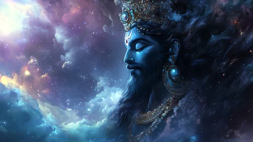 Cosmic blue deity portrait emerging from luminous nebulae