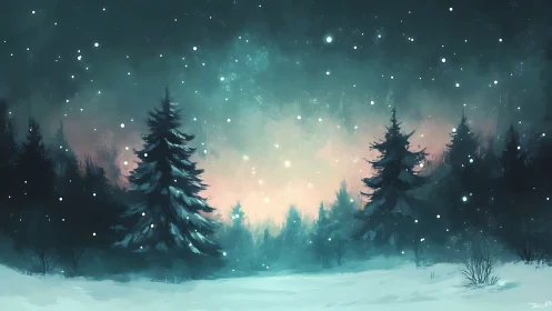 Diffuse-lit winter conifer forest with soft gradient sky snowfall