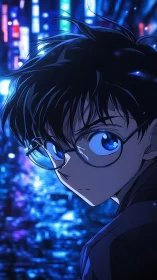 Glasses-wearing boy in blue-lit urban street at night