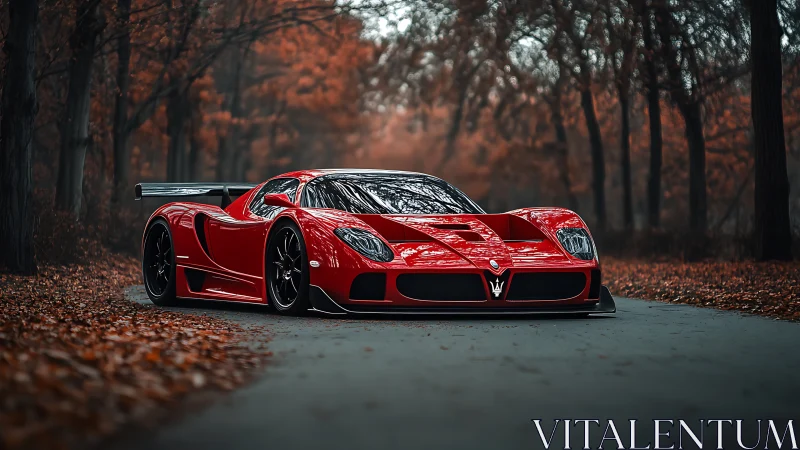 Low-slung red race car stands centered on a leaf-lined road