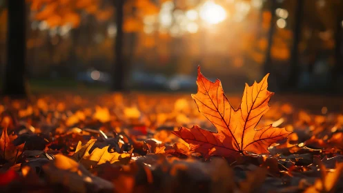 Single backlit autumn leaf lies on ground in shallow focus