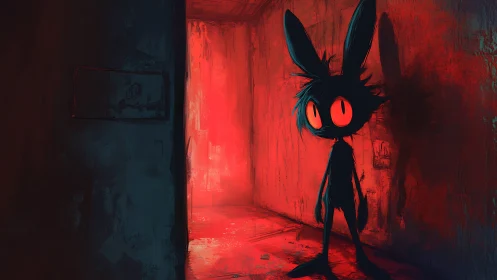 Shadow rabbit figure in red lit hallway scene.