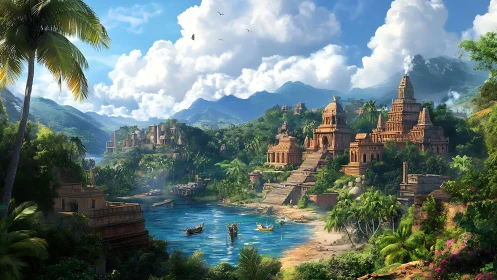 Ancient riverside temple city in lush tropical valley.